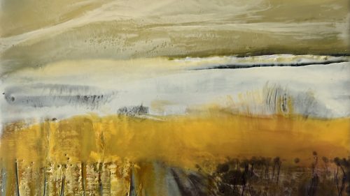 Golden veil over the Mountain, encaustic on panel, 20 x 20 cm, Isabelle Gaborit 2026 Isabelle Gaborit 2027